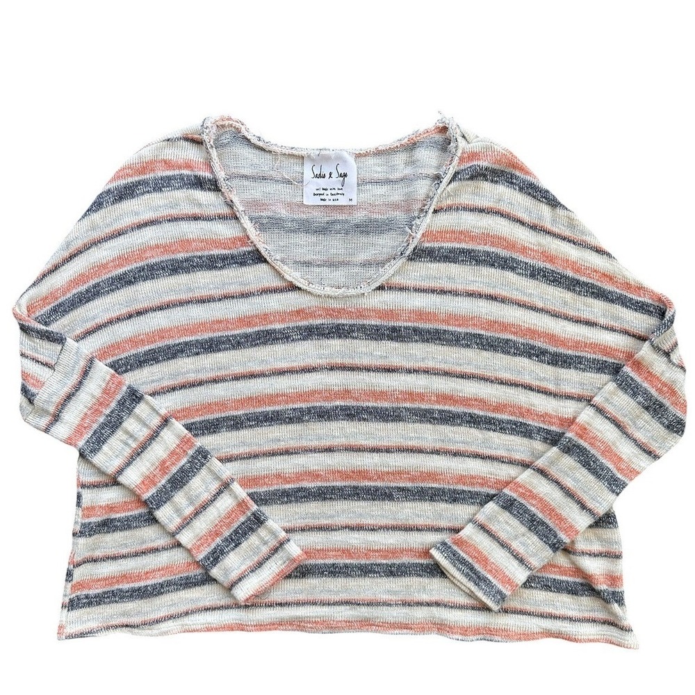 Sadie & Sage Striped Sweater Womens Medium Grey Orange Excellent Boxy Knit Top